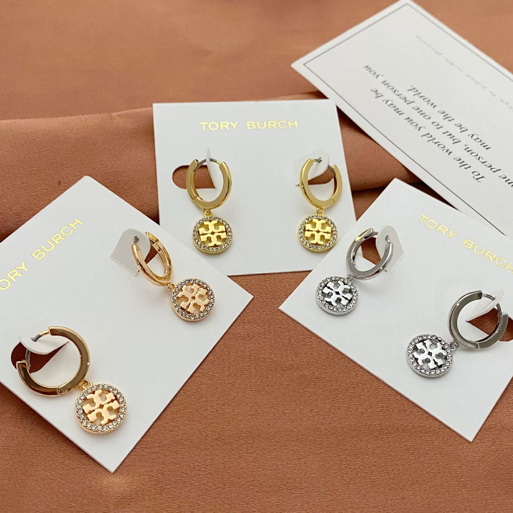 Tory Burch Rhinestone Hollow Letter Round Earrings Metal